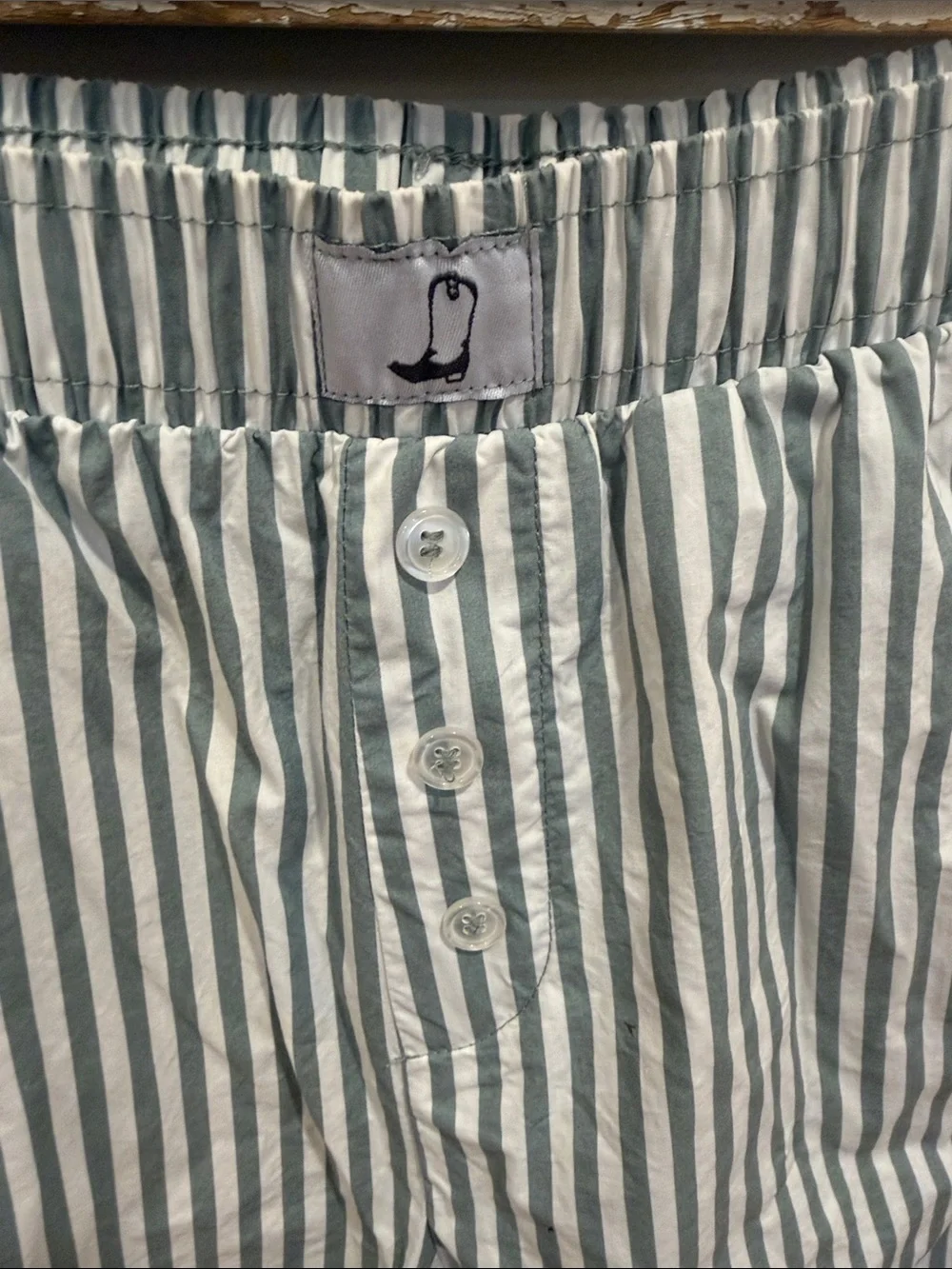 Happily‎ Grey Boxer Pants Green and White Striped Size Small 100% Cotton